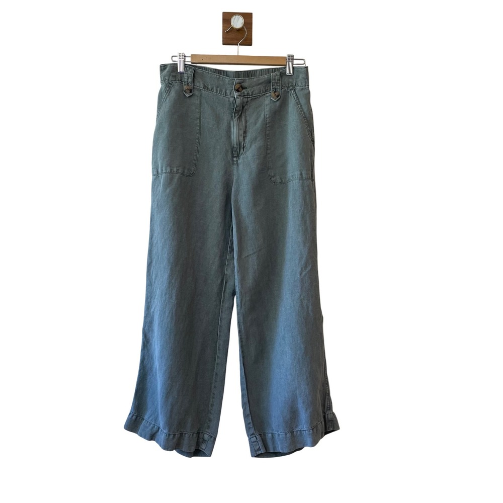 Cynthia Rowley Olive Green Wide Leg Crop Pants Button Detail Size 8 Linen Blend